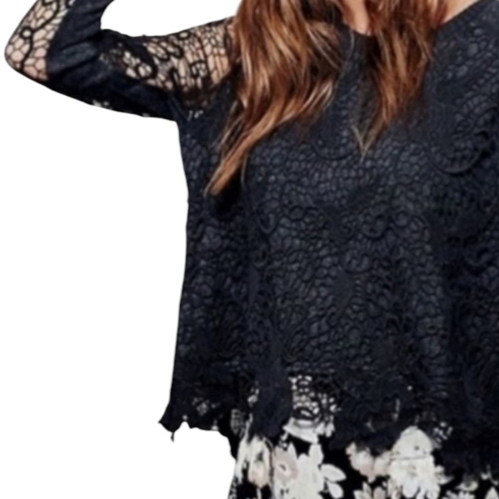 Free People Pretty Rad Sweater Graphite Black Round Neck Crochet Lace Goth Med - Picture 9 of 15